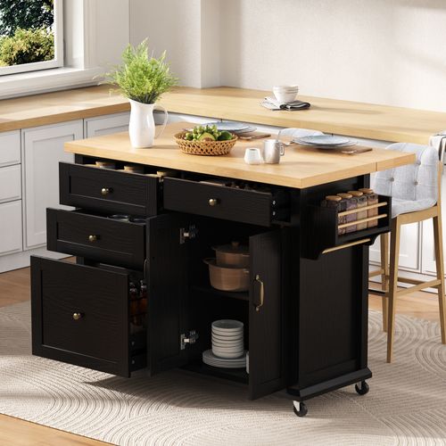 Îlot De Cuisine - Tiroirs Multifonction - Plateau Extensible - Mdf - Noir