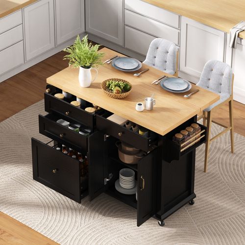 Îlot De Cuisine - Tiroirs Multifonction - Plateau Extensible - Mdf - Noir