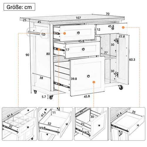 Îlot De Cuisine - Tiroirs Multifonction - Plateau Extensible - Mdf - Noir