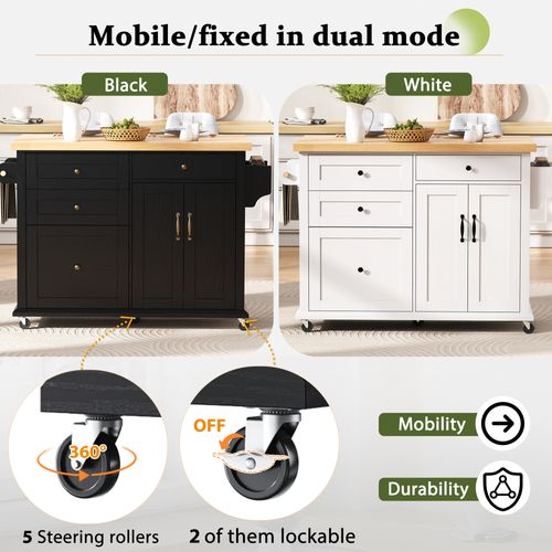 Îlot De Cuisine - Tiroirs Multifonction - Plateau Extensible - Mdf - Noir