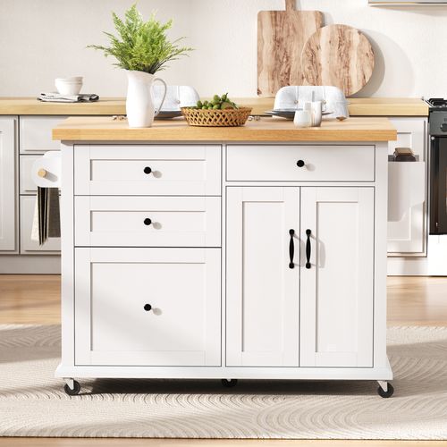 Îlot De Cuisine - Table Extensible Avec Tiroirs - 5 Roulettes - Mdf - Blanc