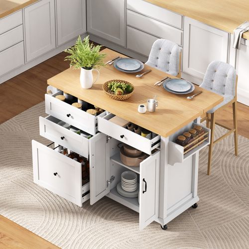 Îlot De Cuisine - Table Extensible Avec Tiroirs - 5 Roulettes - Mdf - Blanc