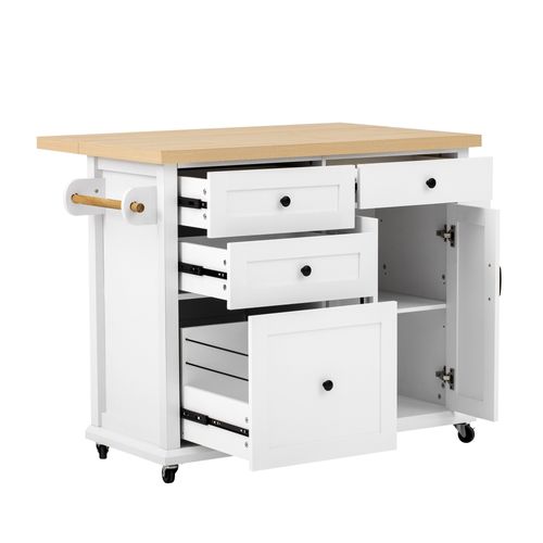 Îlot De Cuisine - Table Extensible Avec Tiroirs - 5 Roulettes - Mdf - Blanc