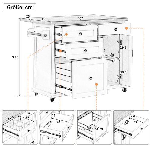 Îlot De Cuisine - Table Extensible Avec Tiroirs - 5 Roulettes - Mdf - Blanc