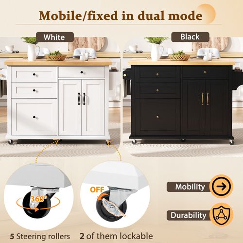 Îlot De Cuisine - Table Extensible Avec Tiroirs - 5 Roulettes - Mdf - Blanc