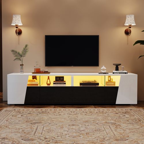 Meuble TV Bas Avec LED, Armoires Et Tiroirs Silencieux, Mdf Et Verre, Blanc Noir