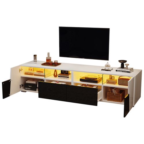 Meuble TV Bas Avec LED, Armoires Et Tiroirs Silencieux, Mdf Et Verre, Blanc Noir