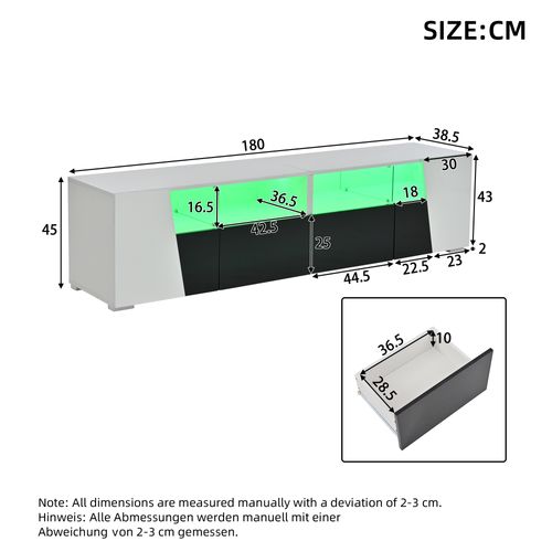 Meuble TV Bas Avec LED, Armoires Et Tiroirs Silencieux, Mdf Et Verre, Blanc Noir