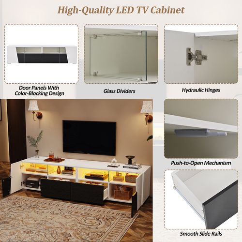 Meuble TV Bas Avec LED, Armoires Et Tiroirs Silencieux, Mdf Et Verre, Blanc Noir