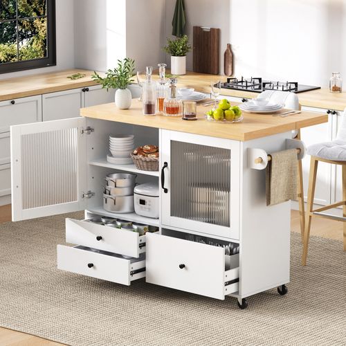 Îlot De Cuisine - Avec Roulettes Table Extensible - Rangement - Mdf - Blanc