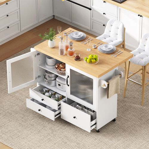 Îlot De Cuisine - Avec Roulettes Table Extensible - Rangement - Mdf - Blanc