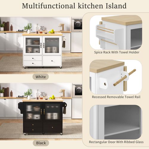 Îlot De Cuisine - Avec Roulettes Table Extensible - Rangement - Mdf - Blanc