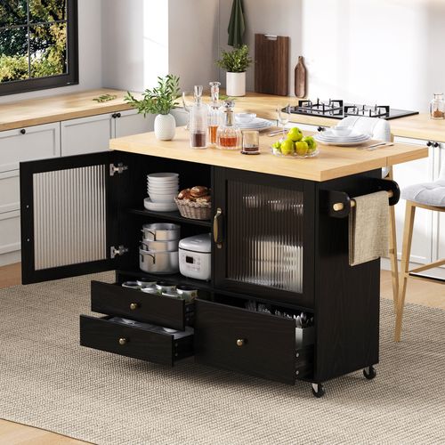 Îlot De Cuisine - Avec Roulettes Table Extensible - Porte-verres - Mdf - Noir