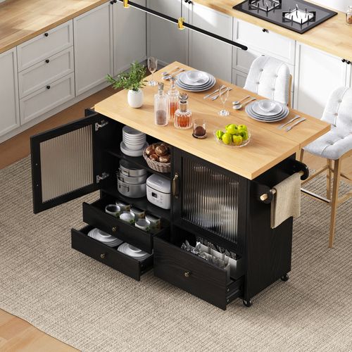 Îlot De Cuisine - Avec Roulettes Table Extensible - Porte-verres - Mdf - Noir
