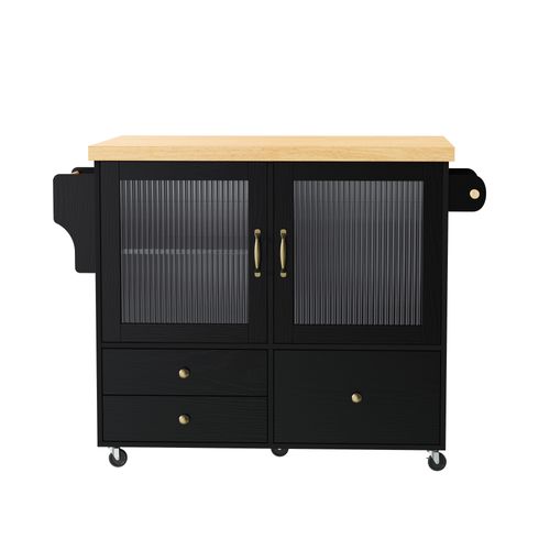 Îlot De Cuisine - Avec Roulettes Table Extensible - Porte-verres - Mdf - Noir