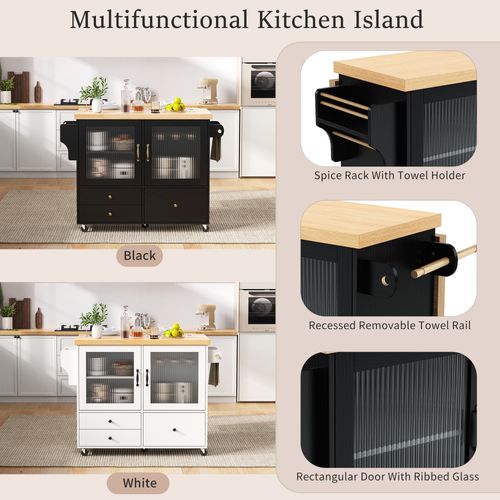 Îlot De Cuisine - Avec Roulettes Table Extensible - Porte-verres - Mdf - Noir