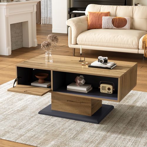 Table Basse Design - Rangement Double Face - 2 Étagères - Compartiment - Mdf - Gris Et Bois Naturel