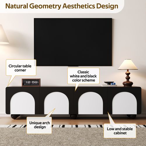 Meuble TV Bas Moderne - 2 Tiroirs - 2 Portes - Gestion Des Câbles - Mdf - Noir + Blanc