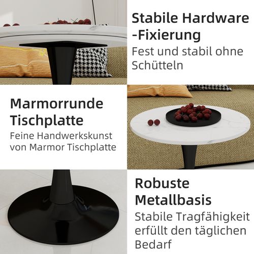 Table D’appoint Ronde - Table Basse Élégante - Structure En Fer - Marbre Artificiel - Noir Et Blanc