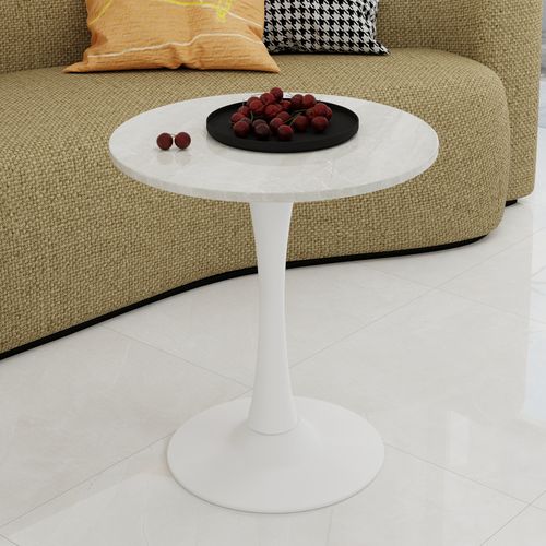 Table D’appoint Ronde -table Basse Élégante -pour Salon Ou Salle à Manger -marbre Artificiel - Blanc