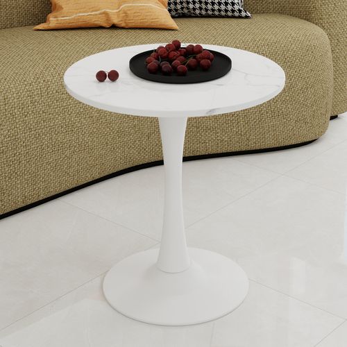 Table D’appoint Ronde - Table Basse Élégante - Style Moderne - Marbre Artificiel - Blanc