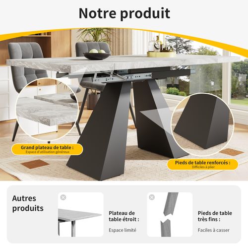 Table à Manger Rectangulaire Extensible - Effet Marbre - Pieds En Colonne - Mdf Et Métal - Gris