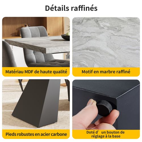 Table à Manger Rectangulaire Extensible - Effet Marbre - Pieds En Colonne - Mdf Et Métal - Gris