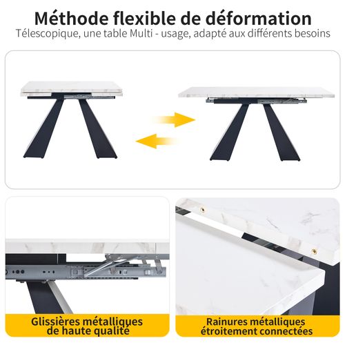 Table à Manger Rectangulaire Extensible - Effet Marbre - Pieds En Colonne - Mdf Et Métal - Blanc