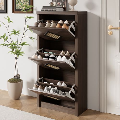 Meuble à Chaussures Rétro Avec 3 Compartiments Rabattables En Rotin, Marron