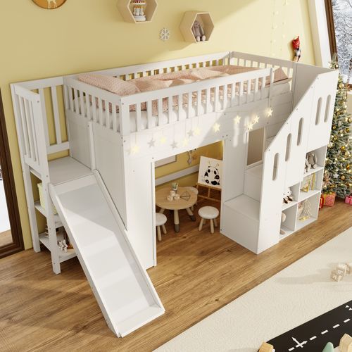 Lits Mezzanine 90x200 Cm - Amortisseurs De Chute, Escaliers De Rangement, LED - Mdf Blanc