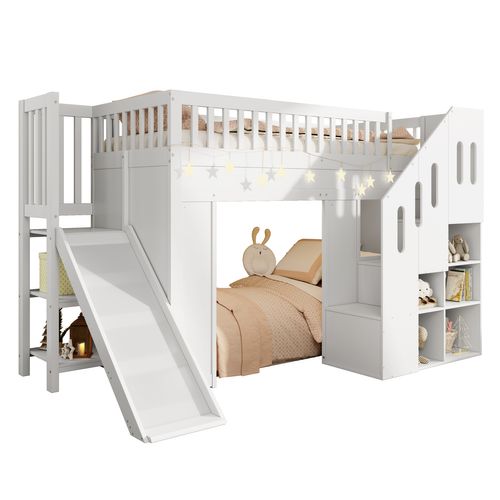 Lits Mezzanine 90x200 Cm - Amortisseurs De Chute, Escaliers De Rangement, LED - Mdf Blanc