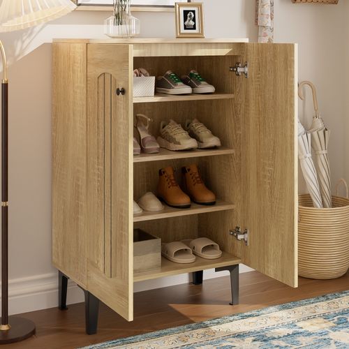 Meuble à Chaussures 2 Portes Avec Étagères Fixes, Armoire D’entrée, Bois Naturel