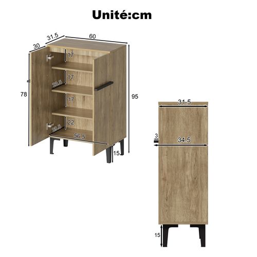 Meuble à Chaussures - Armoire à Chaussures 2 Portes - Étagères Réglables - Noir + Naturel