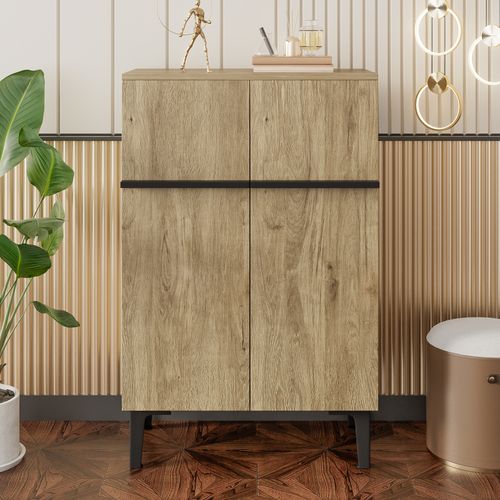 Meuble à Chaussures - Armoire à Chaussures 2 Portes - Étagères Réglables - Noir + Naturel