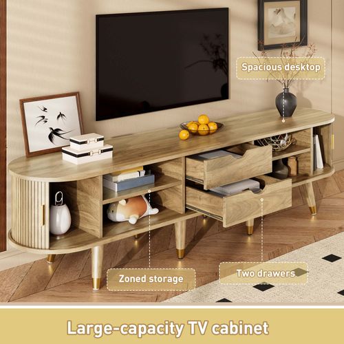 Meuble TV - 2 Portes Coulissantes - 2 Tiroirs - Étagères Ouvertes - Mdf - Chêne