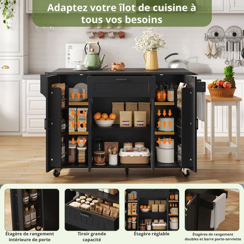 Îlot De Cuisine - 4 Portes - Tiroir - Porte-épices Intégrées - Roulettes -plateau Pliable - Mdf Noir