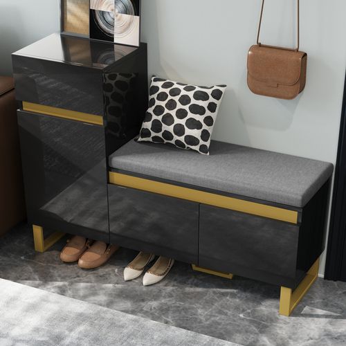 Meuble à Chaussures Pour Entrée - Rangement Avec Tiroir Et Portes - Banc Moelleux - Mdf - Noir