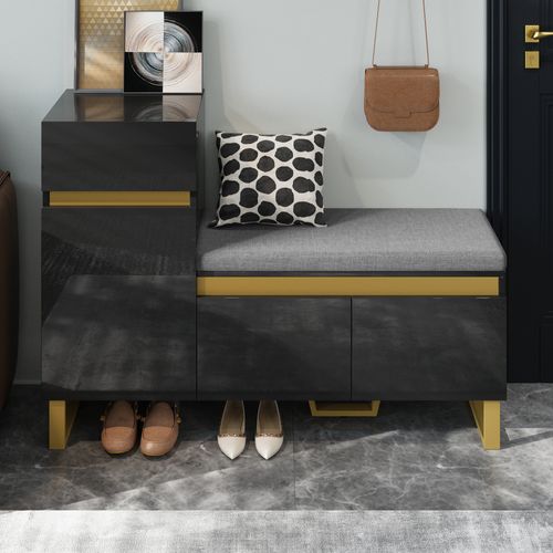 Meuble à Chaussures Pour Entrée - Rangement Avec Tiroir Et Portes - Banc Moelleux - Mdf - Noir