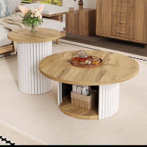 Table Basse - Lot De 2 Tables Gigognes - Avec Rangement - Mdf - Bois Naturel
