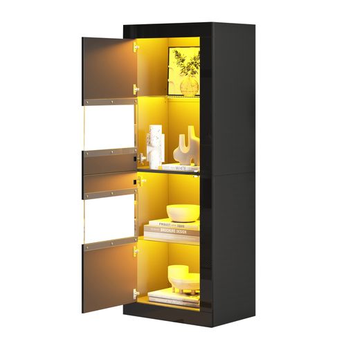 Vitrine - LED - Rangements Fermés - Étagères En Verre Ajustables - Design Moderne - Noir