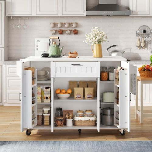 Îlot De Cuisine - 5 Roulettes - 4 Portes - 1 Tiroir - Porte-épices - Mdf - Blanc