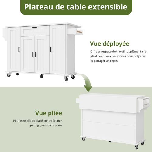 Îlot De Cuisine - 5 Roulettes - 4 Portes - 1 Tiroir - Porte-épices - Mdf - Blanc