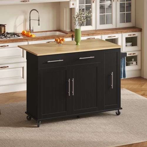 Îlot De Cuisine - 2 Tiroirs - Étagère Coulissante - Porte-serviettes - Pliable Avec Roulettes - Noir