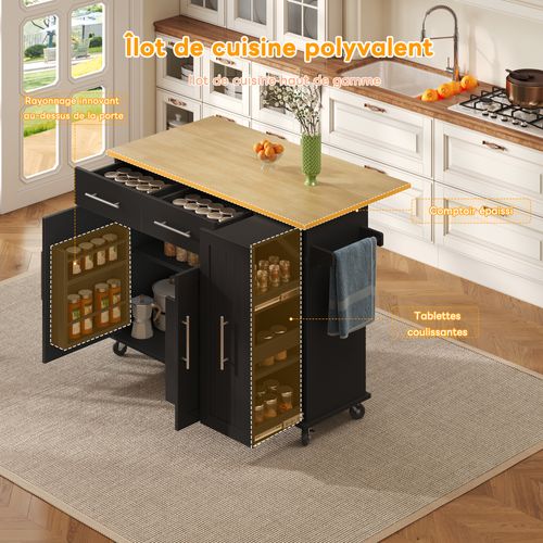 Îlot De Cuisine - 2 Tiroirs - Étagère Coulissante - Porte-serviettes - Pliable Avec Roulettes - Noir