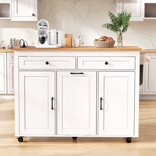 Îlot De Cuisine Sur Roulettes - Table à Manger Extensible Avec Prises - Étagères Réglables - Blanc