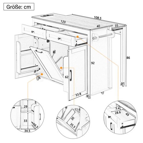 Îlot De Cuisine Sur Roulettes - Table à Manger Extensible Avec Prises - Étagères Réglables - Blanc