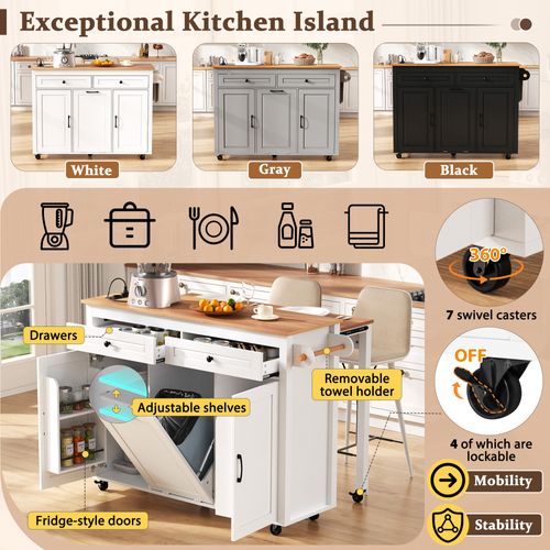 Îlot De Cuisine Sur Roulettes - Table à Manger Extensible Avec Prises - Étagères Réglables - Blanc