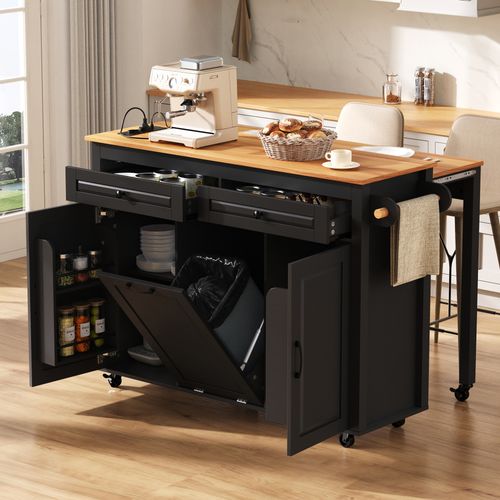 Îlot De Cuisine - Cuisine Extensible Sur Roulettes Avec Prises - Étagères Réglables - Mdf - Noir