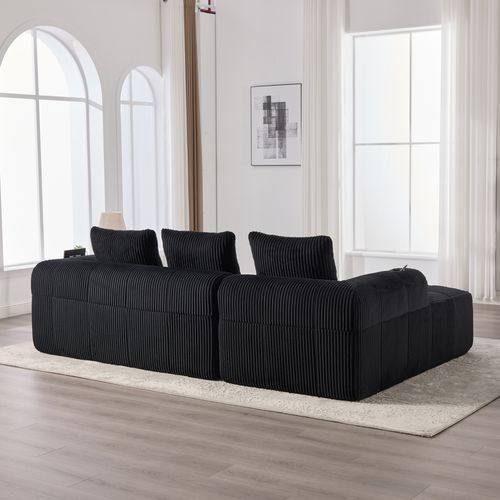 Canapé Modulable 4 Places Avec Poches Latérales, Porte-gobelet Et 3 Coussins En Velours Côtelé Noir