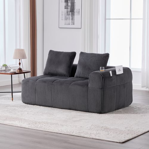 Canapé 2 Places - Coussin Dossier - Poches Latérales - Porte-gobelet - Velours Côtelé - Gris Foncé